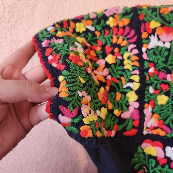 Sister Mary Navy Colorful Floral Short Sleeve Midi Embroidered Mexican Dress - Picture 3 of 11